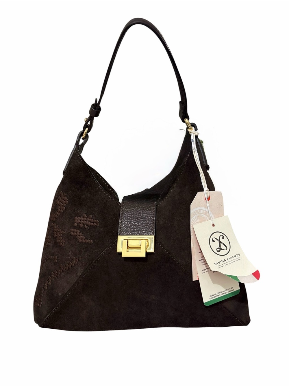 Divina Firenze Dark Brown Suede Shoulder Bag Gold-Tone Clasp, Crossbody Strap